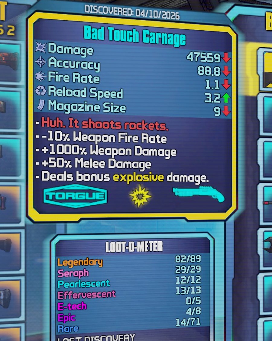 Full Bad Touch Carnage item card, discovered 04/10/2026, with the LOOT-O-METER below it.